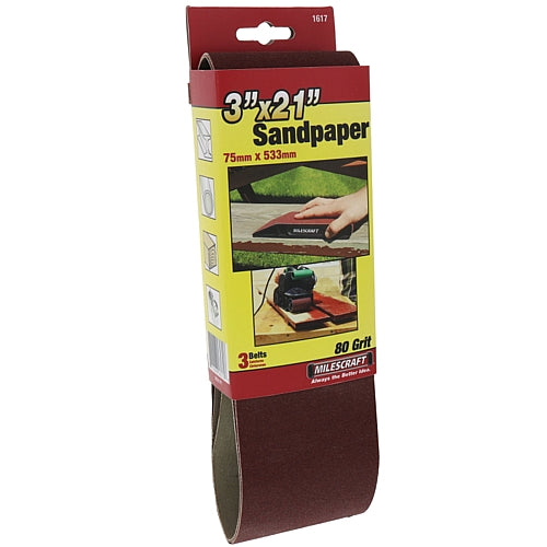 Milescraft - 3/Pk Sanding Belts 75 x 533mm - 80 Grit (SandDevil3.0) | 1617