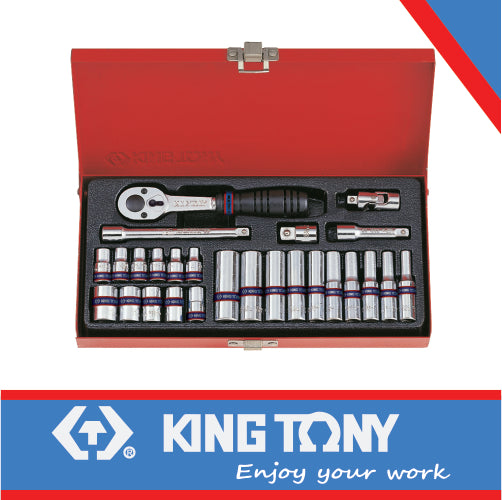 KING TONY 1/4" SOCKET SET STANDARD & TUBE 19PC 4 13MM 12P | 2026MR
