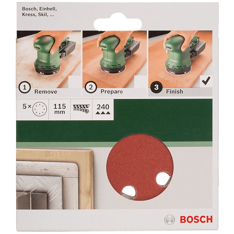 Bosch DIY 5-Piece 115mm Sanding Discs with 8-Holes, 40 to 240 Grit