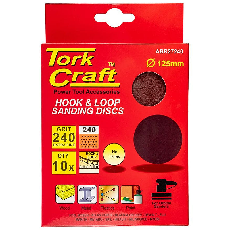 Tork Craft 10 Pack 125mm Hook & Loop Sanding Discs without Holes, 40 to 240 Grit