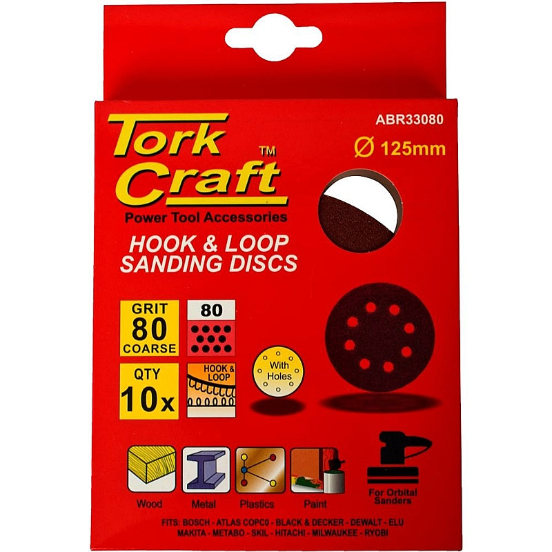Tork Craft 10 Pack 125mm Hook & Loop Sanding Discs with Holes, 40 to 240 Grit