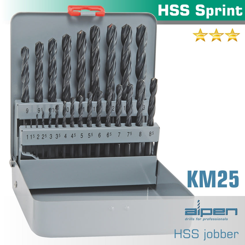 Hss sprint drill bit set 25 piece 1-13mm x 0.5 in metal case(ALP KM25)