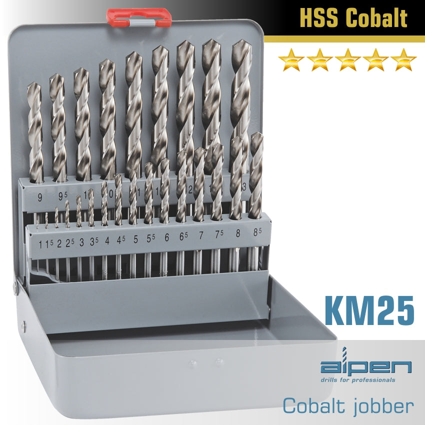 Cobalt drill bit set 25 piece 1-13mm x 0.5 in metal case(ALP KM25COB)