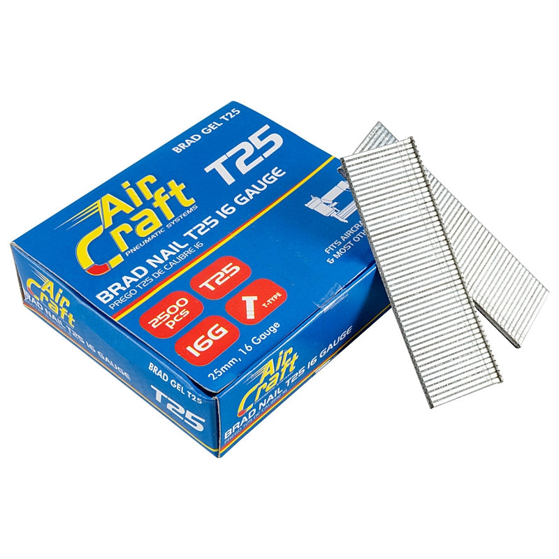 AirCraft 2500/Pk Brad Nails 25mm, 16G T-Type | BRAD GEL T25
