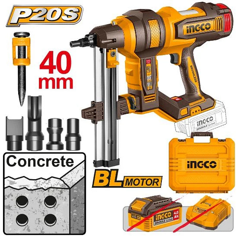 Ingco 20V BL Cordless Concrete Nailer, 15-40mm (Solo Unit) | CCNLI9005