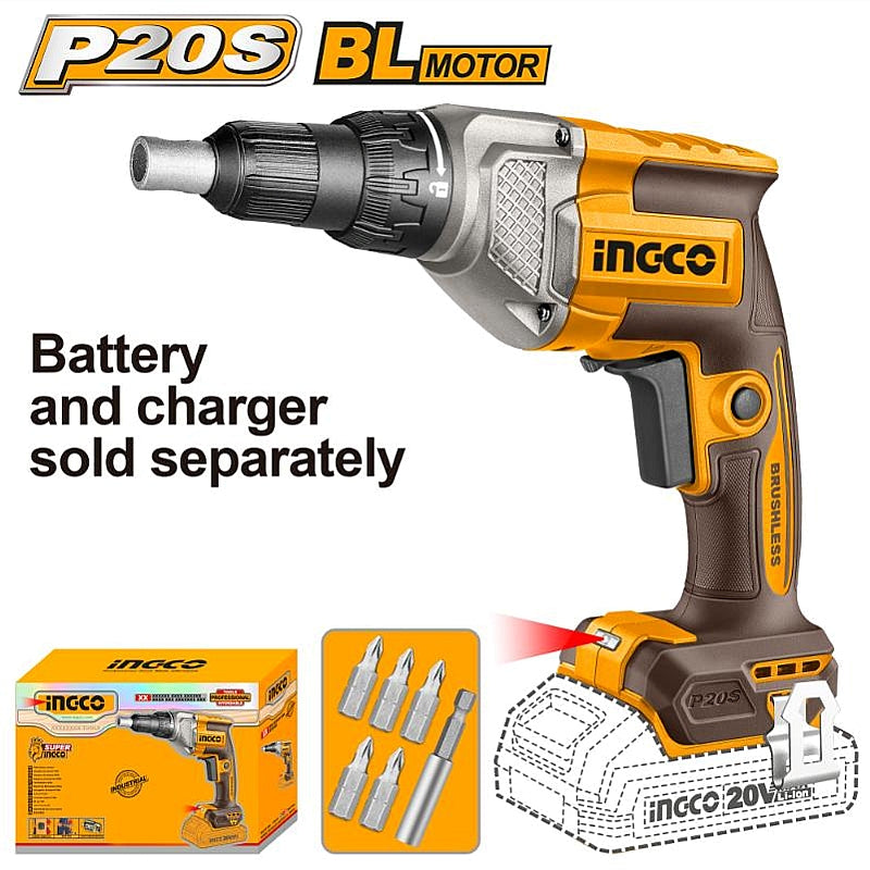 Ingco 20V Cordless BL 1/4" Hex Drywall Screwdriver (Bare Tool) | CDSLI20428