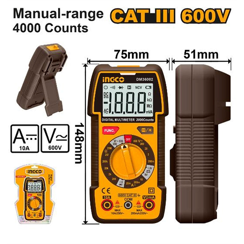 Ingco Manual Range Digital Multimeter, CAT III - 600V | DM36002