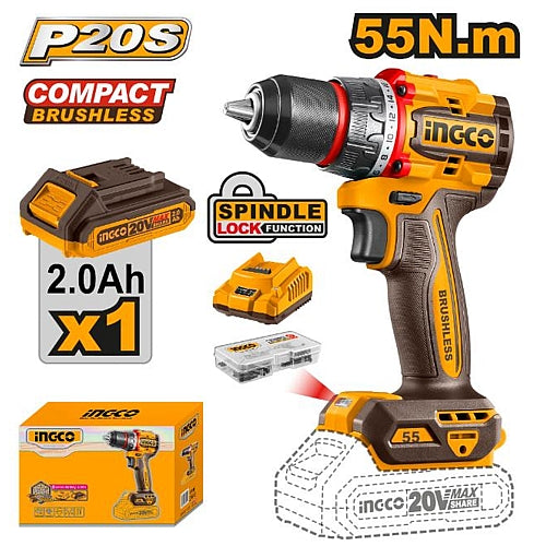 Ingco 20V Cordless Brushless Drill 55Nm, 1 x 2.0Ah Batt. Pk. | CDLI205582