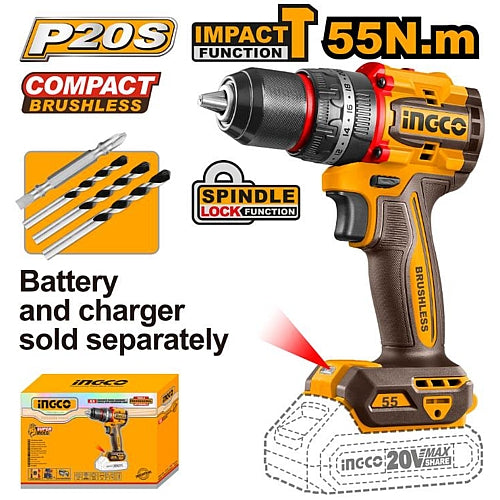 Ingco 20V Cordless Brushless Impact Drill 55Nm (Solo Unit