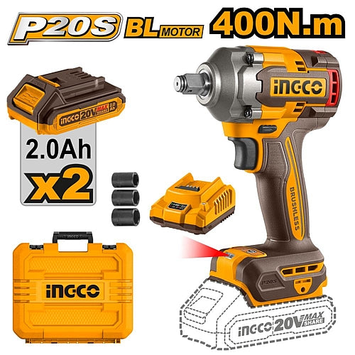 Ingco 20V Cordless Brushless 1/2" Square Drive Wrench 400Nm, 2 x 2.0Ah Batt. Pk. | CIWLI2040