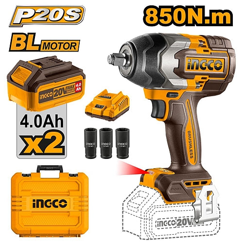Ingco 20V Cordless Brushless 1/2" Square Drive Impact Wrench 850Nm, 2 x 4.0Ah Batt. Pk. | CIWLI2085