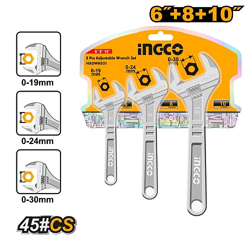 Ingco 3Pc Adjustable Wrench Set | HADWK031