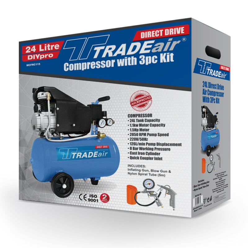 TRADEair 24L Air Compressor, Direct Drive, 1.1kW/1.5HP, 220V + 3Pc Air Tool Kit | MCFRC115