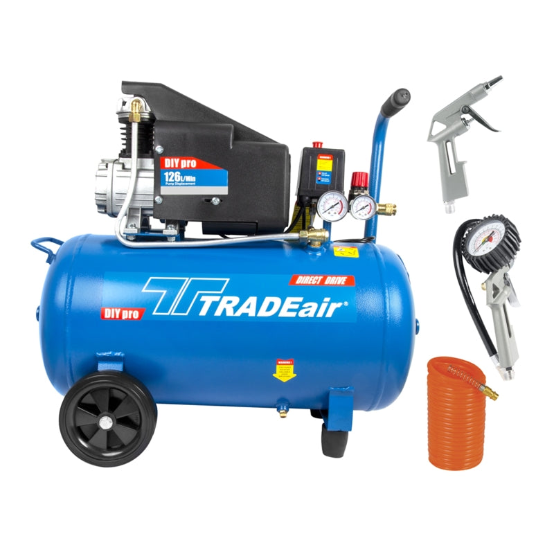 TRADEair 50L Air Compressor, Direct Drive, 1.1kW/1.5HP, 220V + 3Pc