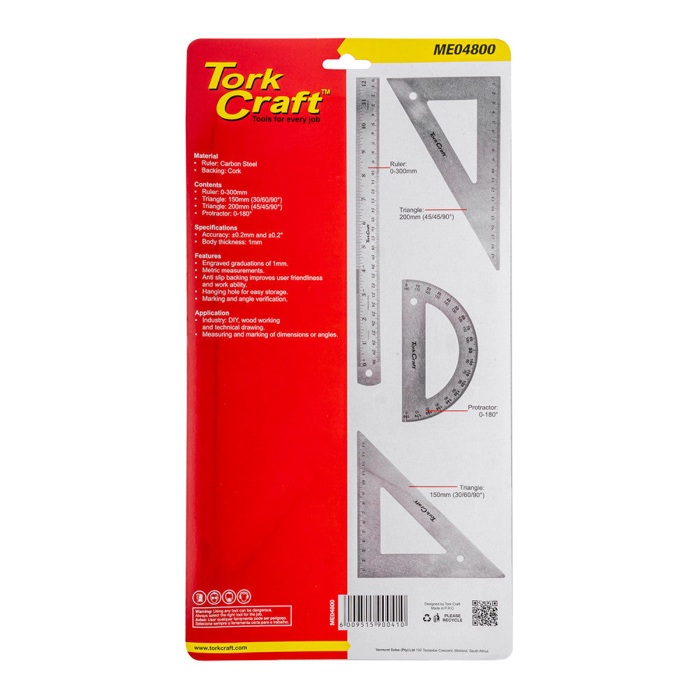 Tork Craft 4 Piece Protractor, Ruler & 2 x Triangle Set | ME04800