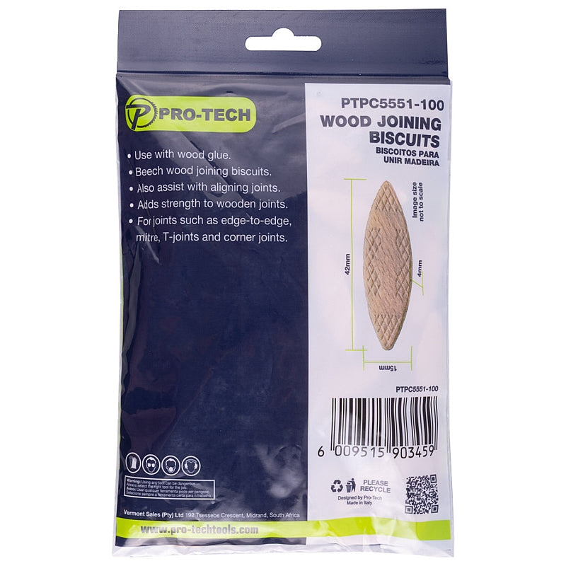 Pro-Tech 100Pc Wood Joining Biscuits 4.0 x 15.0mm, #0 | PTPC5551-100