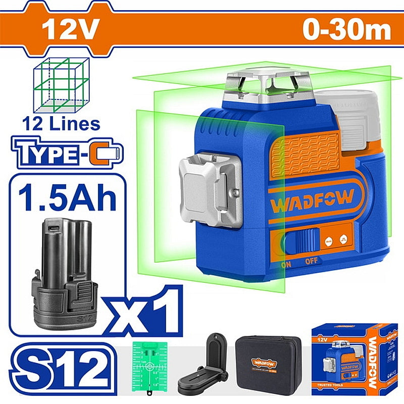 WADFOW 12V Cordless Self-Levelling Line Laser 1.5Ah Kit, 0-30M | WLE8M12