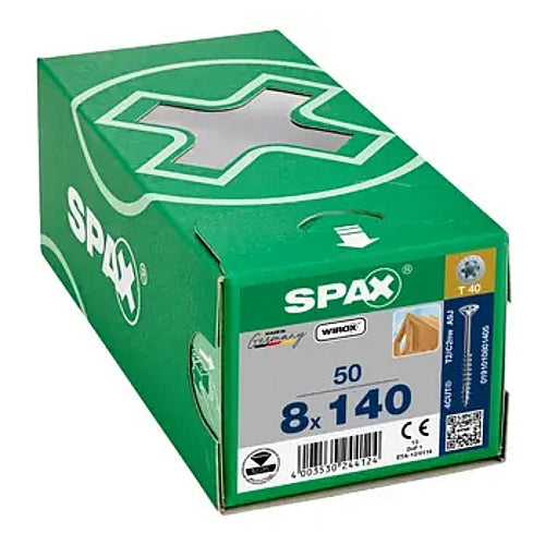 SPAX 50Pc Timber Construction T-STAR Plus T40 Screws, 8 x 140mm, Partial Thread, Flat Countersunk Head, 4CUT, WIROX | 0191010801405