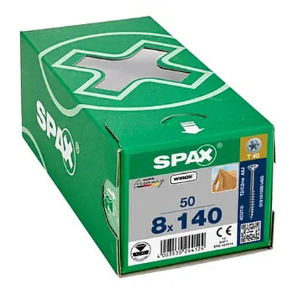 SPAX 50Pc Timber Construction T-STAR Plus T40 Screws, 8 x 140mm, Partial Thread, Flat Countersunk Head, 4CUT, WIROX | 0191010801405