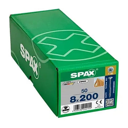 SPAX 50Pc Timber Construction T-STAR Plus T40 Screws, 8 x 200mm, Partial Thread, Flat Countersunk Head, 4CUT, WIROX | 0191010802005