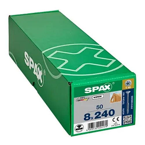 SPAX 50Pc Timber Construction T-STAR Plus T40 Screws, 8 x 240mm, Partial Thread, Flat Countersunk Head, 4CUT, WIROX | 0191010802405