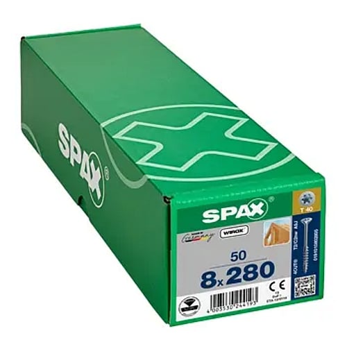 SPAX 50Pc Timber Construction T-STAR Plus T40 Screws, 8 x 280mm, Partial Thread, Flat Countersunk Head, 4CUT, WIROX | 0191010802805
