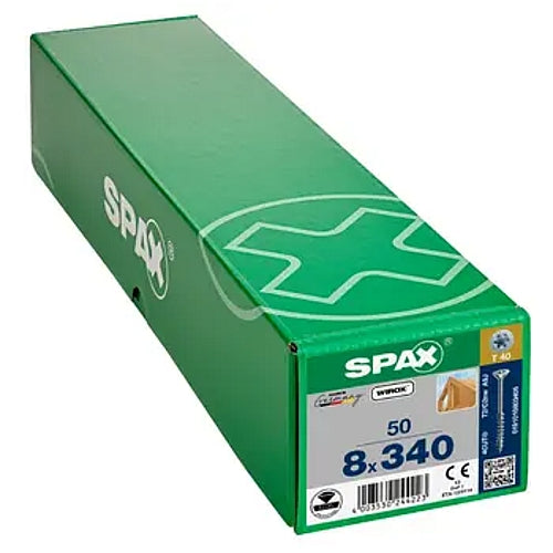 SPAX 50Pc Timber Construction T-STAR Plus T40 Screws, 8 x 340mm, Partial Thread, Flat Countersunk Head, 4CUT, WIROX | 0191010803405