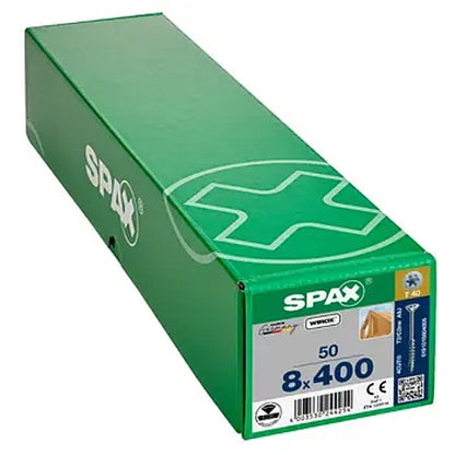 SPAX 50Pc Timber Construction T-STAR Plus T40 Screws, 8 x 400mm, Partial Thread, Flat Countersunk Head, 4CUT, WIROX | 0191010804005