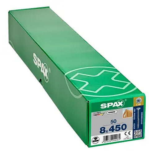 SPAX 50Pc Timber Construction T-STAR Plus T40 Screws, 8 x 450mm, Partial Thread, Flat Countersunk Head, 4CUT, WIROX | 0191010804505