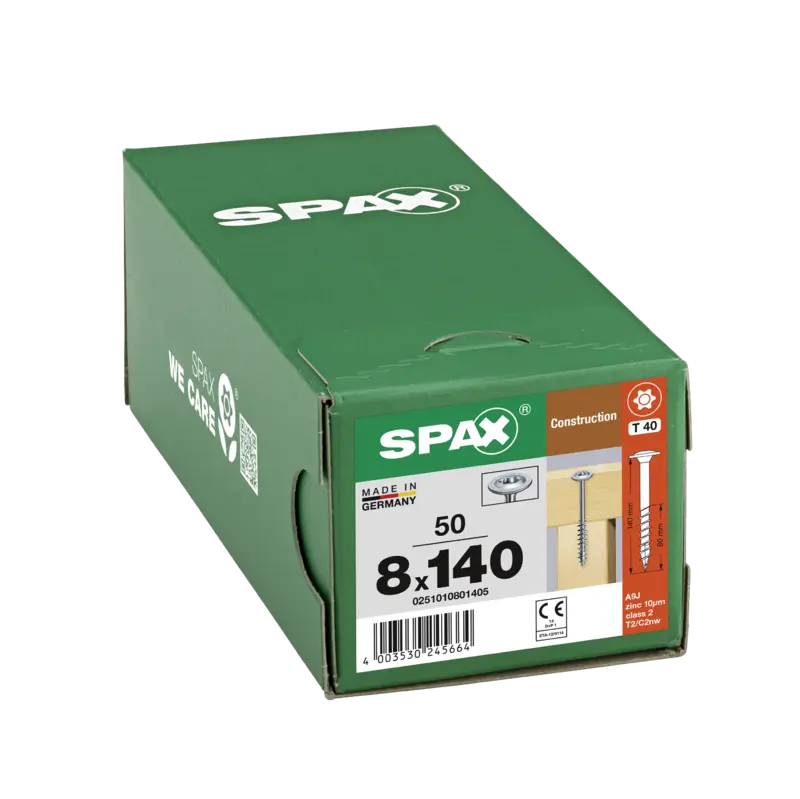 SPAX 50Pc Timber Construction T-STAR Plus T40 Screws, 8 x 140mm, Partial Thread, Washer Head, 4CUT, WIROX | 0251010801405