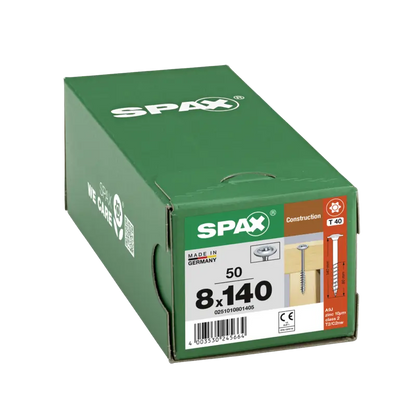 SPAX 50Pc Timber Construction T-STAR Plus T40 Screws, 8 x 140mm, Partial Thread, Washer Head, 4CUT, WIROX | 0251010801405