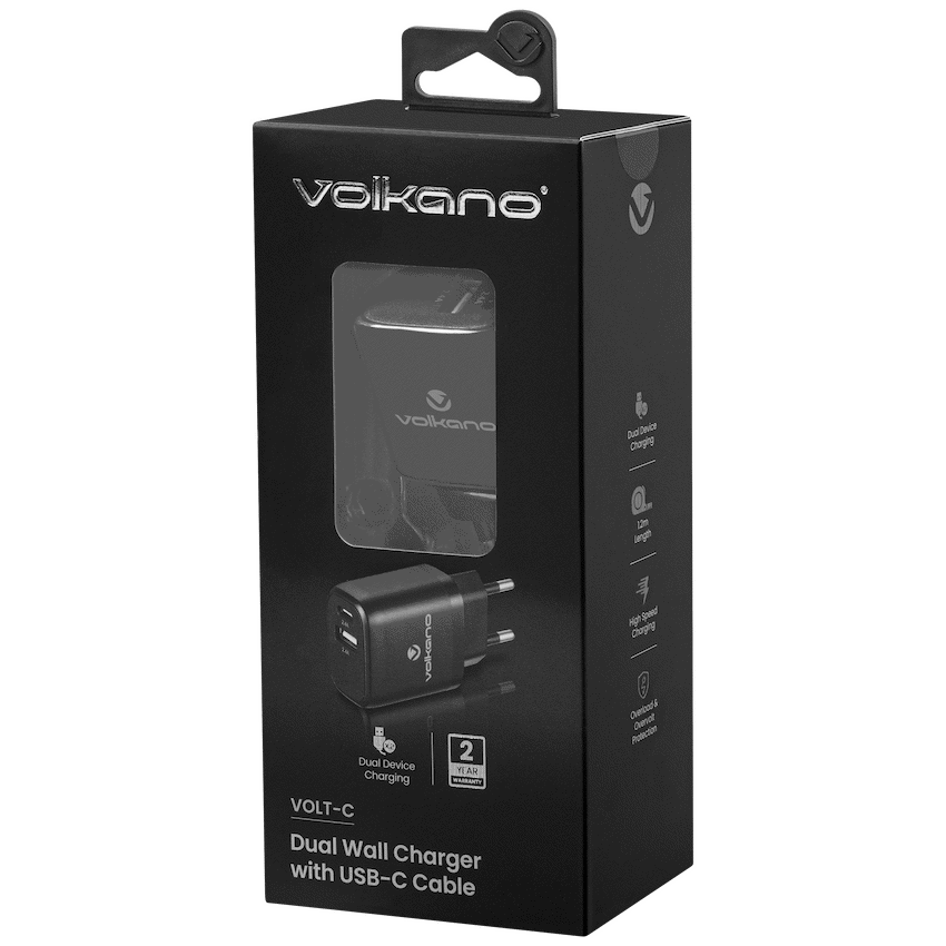 Volkano Volt-C Series Dual USB and USB-C Wall Charger with USB to USB-C Cable Included | VK-5002C-BK[V2]