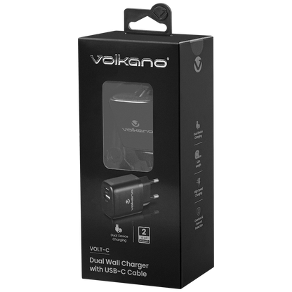 Volkano Volt-C Series Dual USB and USB-C Wall Charger with USB to USB-C Cable Included | VK-5002C-BK[V2]