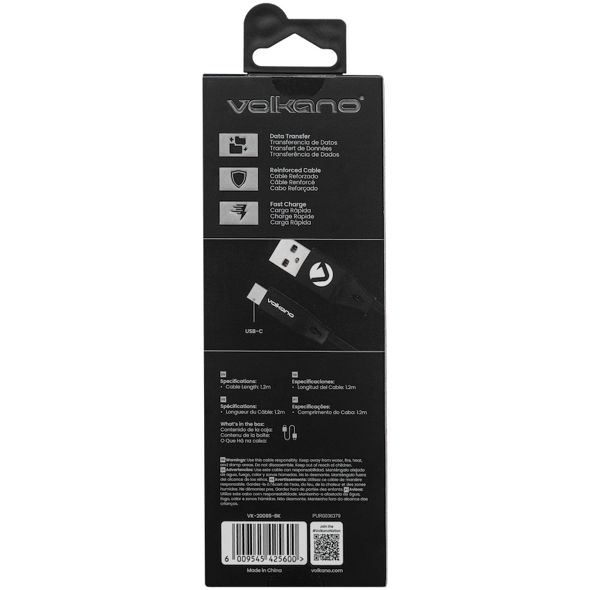 Volkano Slim Series Flat PVC Type-C Cable 1.2m - Black | VK-20085-BK