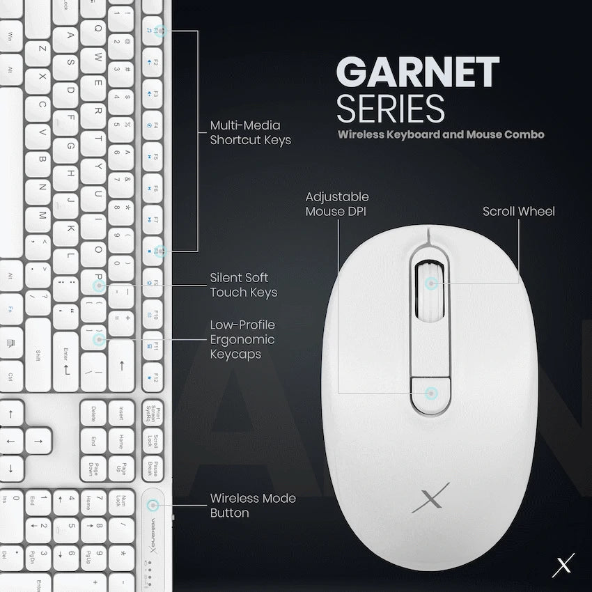 VolkanoX Garnet Bluetooth Wireless Keyboard and Mouse Combo - White | VKX-20008-WT