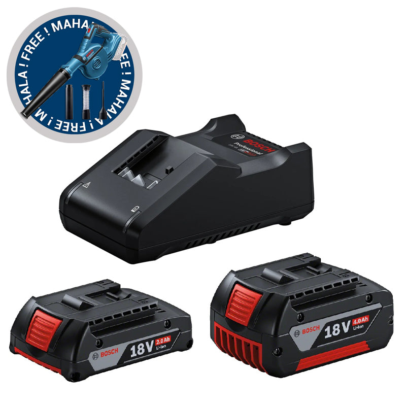 Bosch Starter Set - 1 x GBA 18V 4.0Ah & 1 x 2.0Ah + 1 x GAL 18V-40 + FREE GBL 18V-120 (Solo)