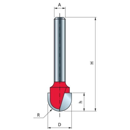 Freud Round Nose Router Bit, D-12.7mm x h-9.0mm x H-45.5mm x R-6.35mm x A-1/4" | 18-10825P