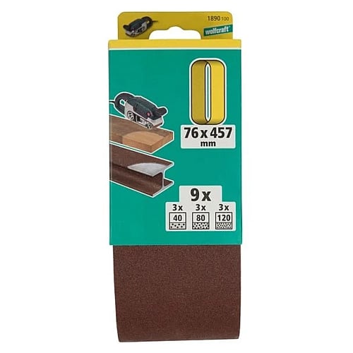 Wolfcraft 9 Piece Assorted Fabric Sanding Belts, 76 x 457mm | 1890100