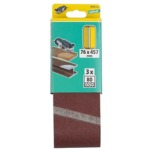 Wolfcraft 3 Piece 80 Grit Fabric Sanding Belts, 76 x 457mm | 1894000