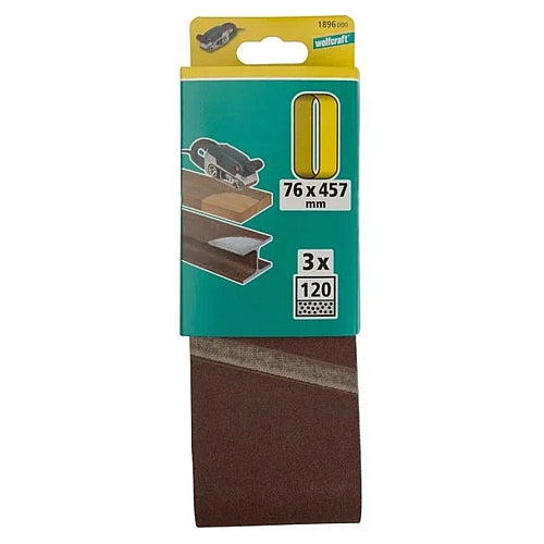 Wolfcraft 3 Piece 120 Grit Fabric Sanding Belts, 76 x 457mm | 1896000