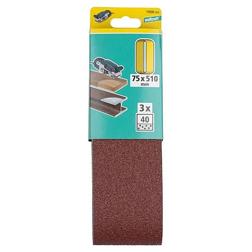 Wolfcraft 3 Piece 40 Grit Fabric Sanding Belts, 75 x 510mm | 1908000