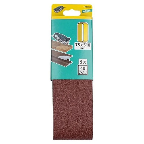 Wolfcraft 3 Piece 60 Grit Fabric Sanding Belts, 75 x 510mm | 1910000