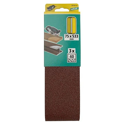 Wolfcraft 3 Piece 40 Grit Fabric Sanding Belts, 75 x 533mm | 1916000