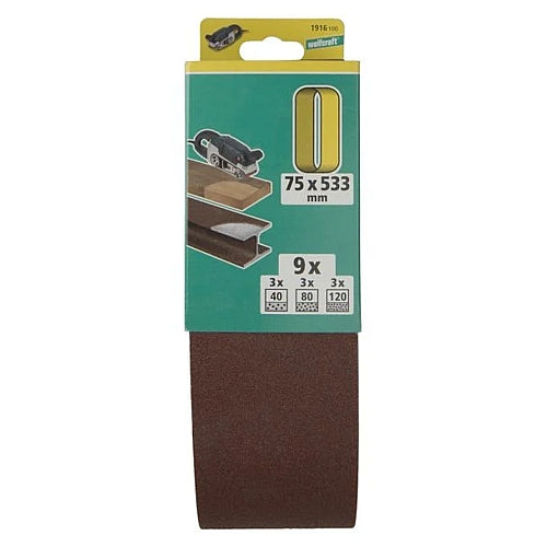 Wolfcraft 9 Piece Assorted Fabric Sanding Belts, 75 x 533mm | 1916100