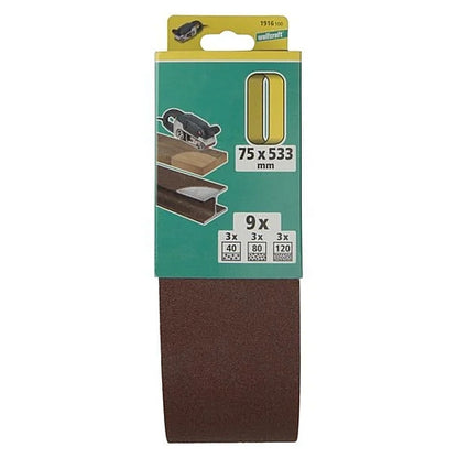 Wolfcraft 9 Piece Assorted Fabric Sanding Belts, 75 x 533mm | 1916100