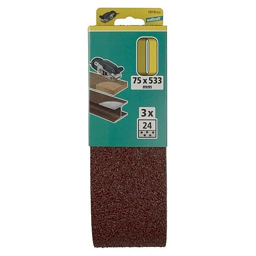 Wolfcraft 3 Piece 24 Grit Fabric Sanding Belts, 75 x 533mm | 1919000