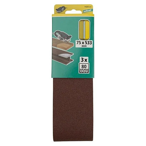 Wolfcraft 3 Piece 80 Grit Fabric Sanding Belts, 75 x 533mm | 1920000