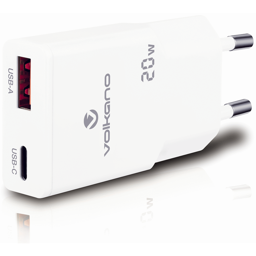 Volkano Mighty Series 20w Dual USB-A & USB-C GaN Wall Charger | Vk-8063-WT