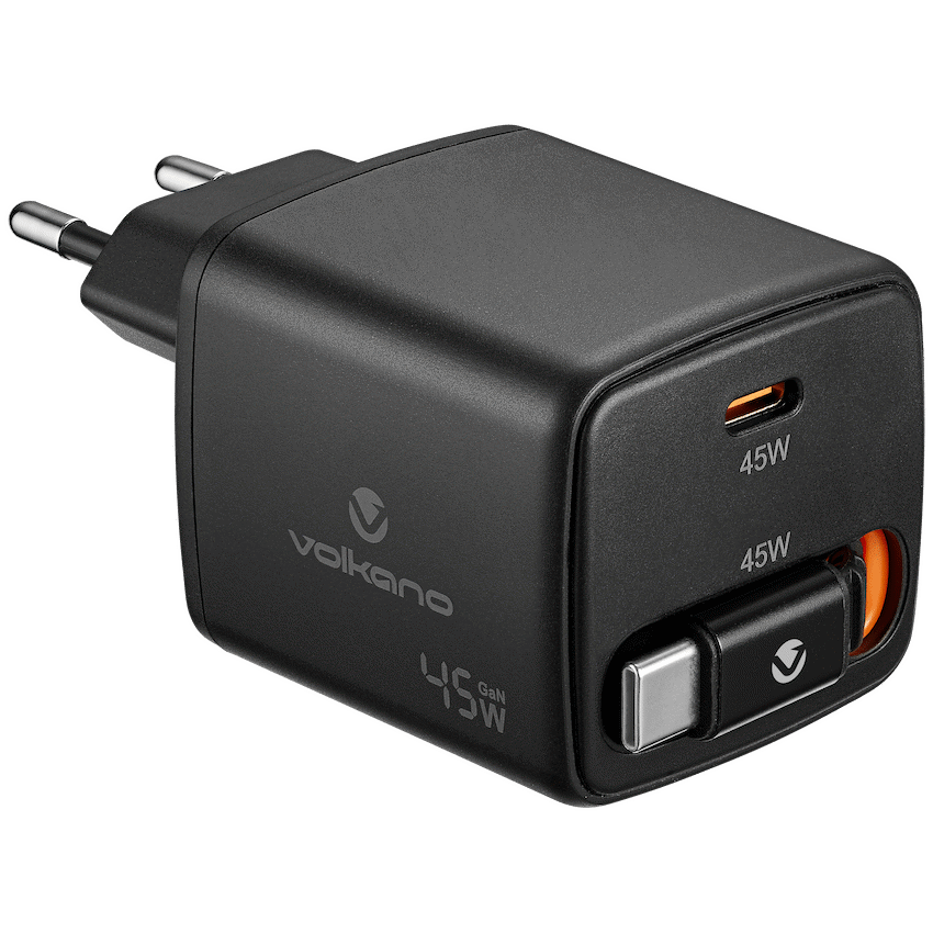 Volkano Sleek Series Fast Wall Charger 45W USB-C with Built-in Retractable 75cm Cable - Black | VK-8082-BK