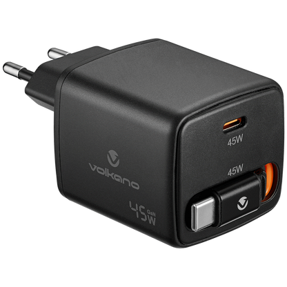 Volkano Sleek Series Fast Wall Charger 45W USB-C with Built-in Retractable 75cm Cable - Black | VK-8082-BK